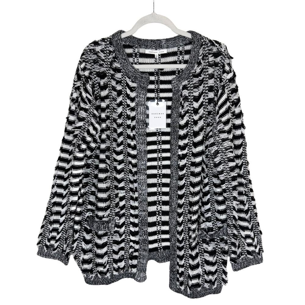 Endless Rose Open Front Striped Fringe Cardigan Sweater Size M/L Black White